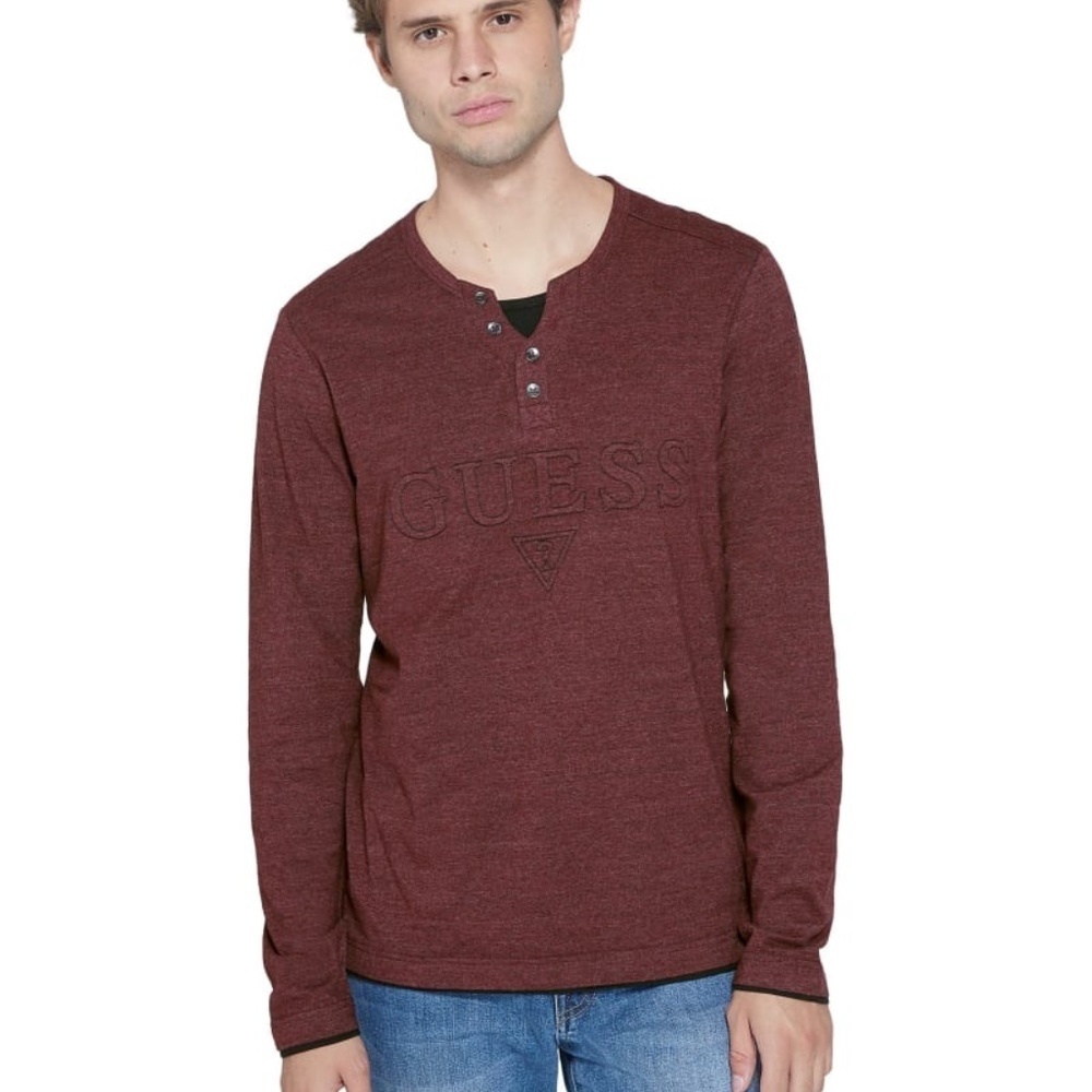 GUESS Reese Logo Marled Henley Long Sleeve Shirt - Picture 2 of 6